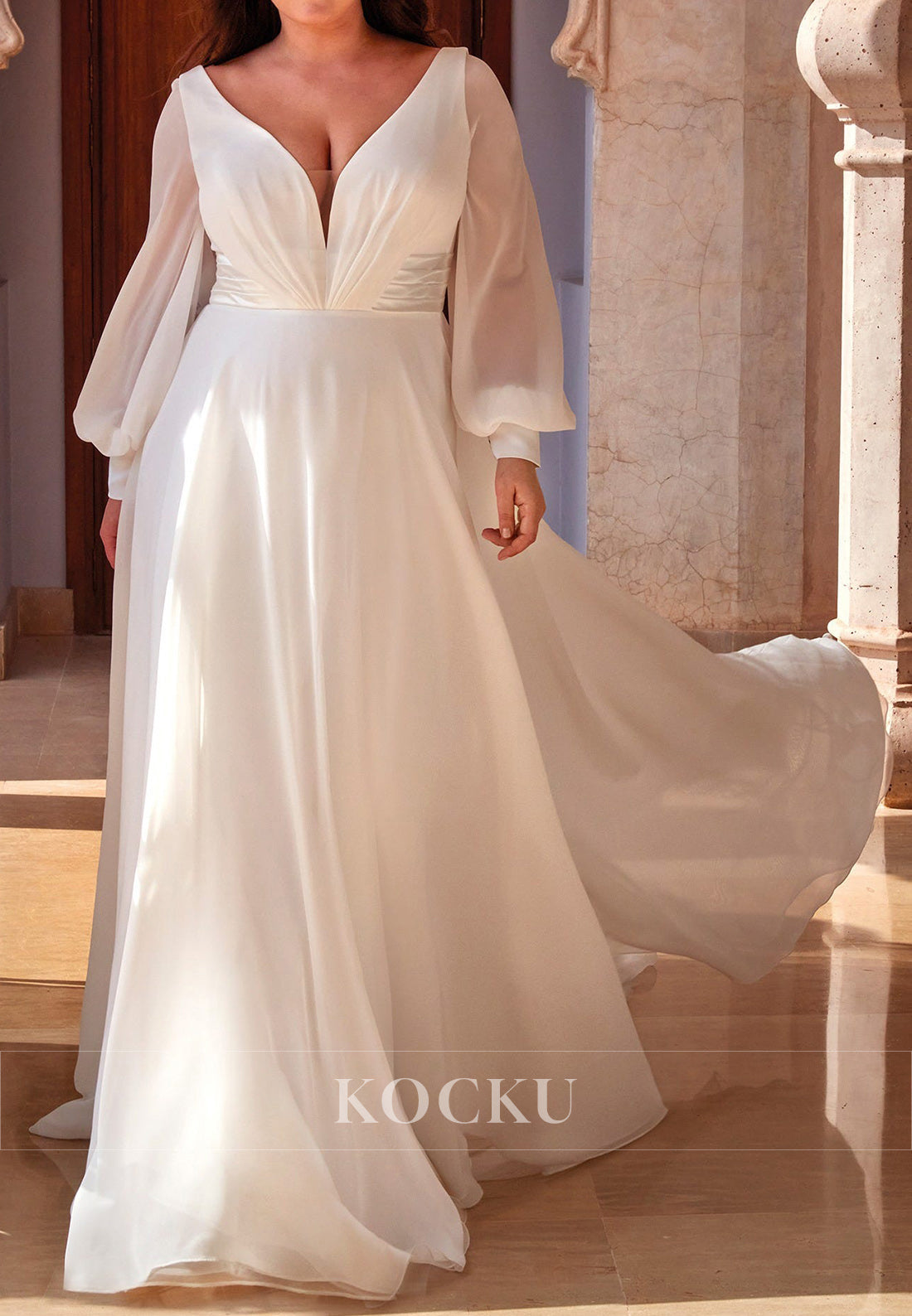 Deep V - Neck Backless Chiffon Wedding Dress with Bishop Sleeves & Train