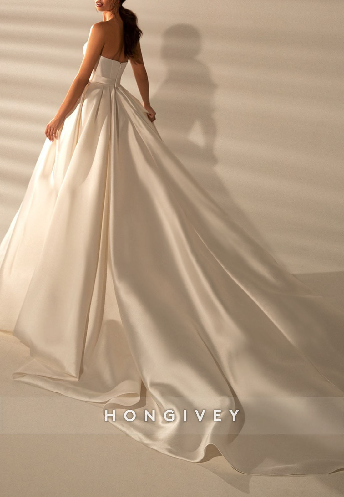 High Slit V Neck Chapel Train Low Back Princess Satin Wedding Dresses