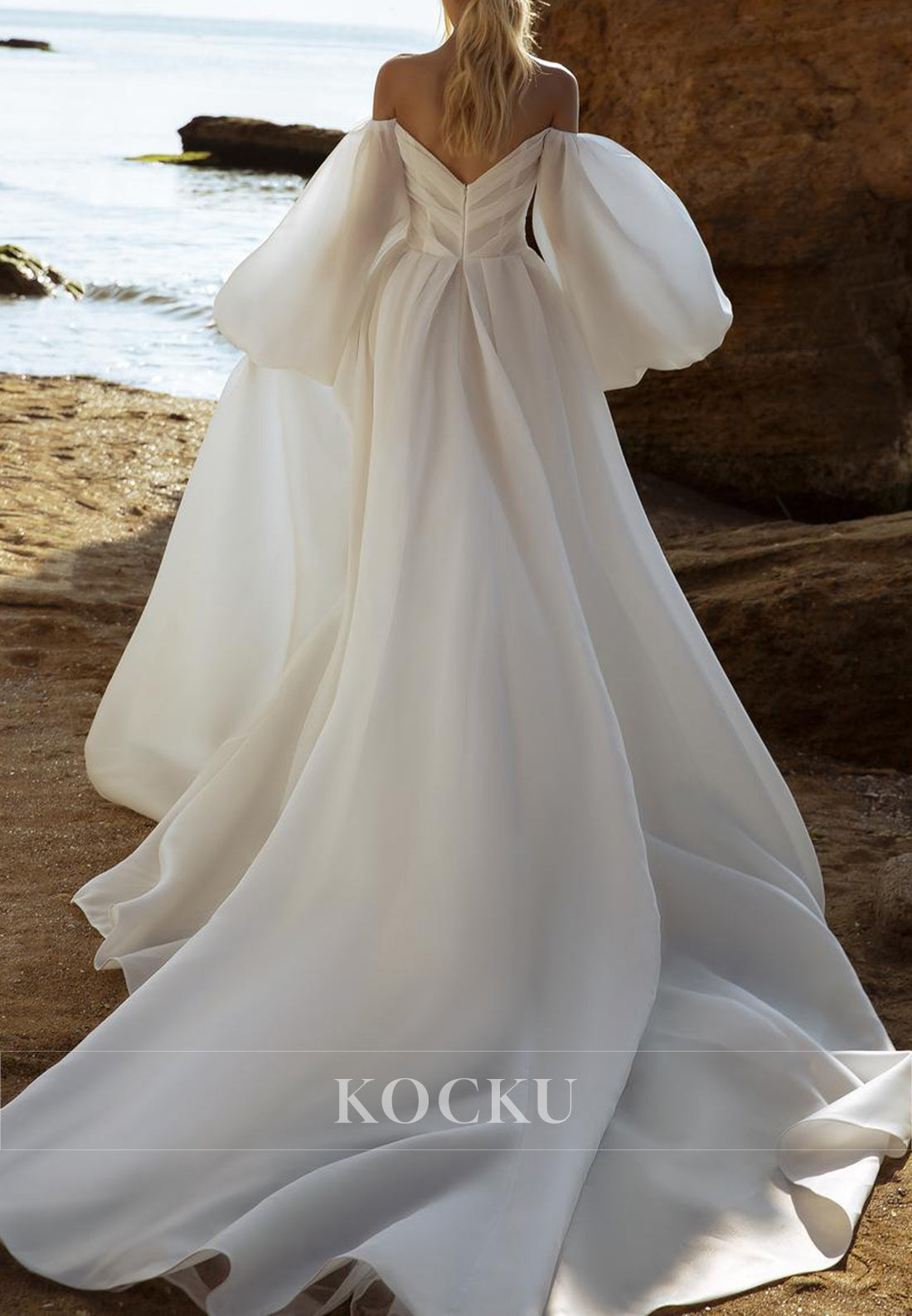 Off - Shoulder Puff Sleeve Wedding Dress with High Slit & Long Train