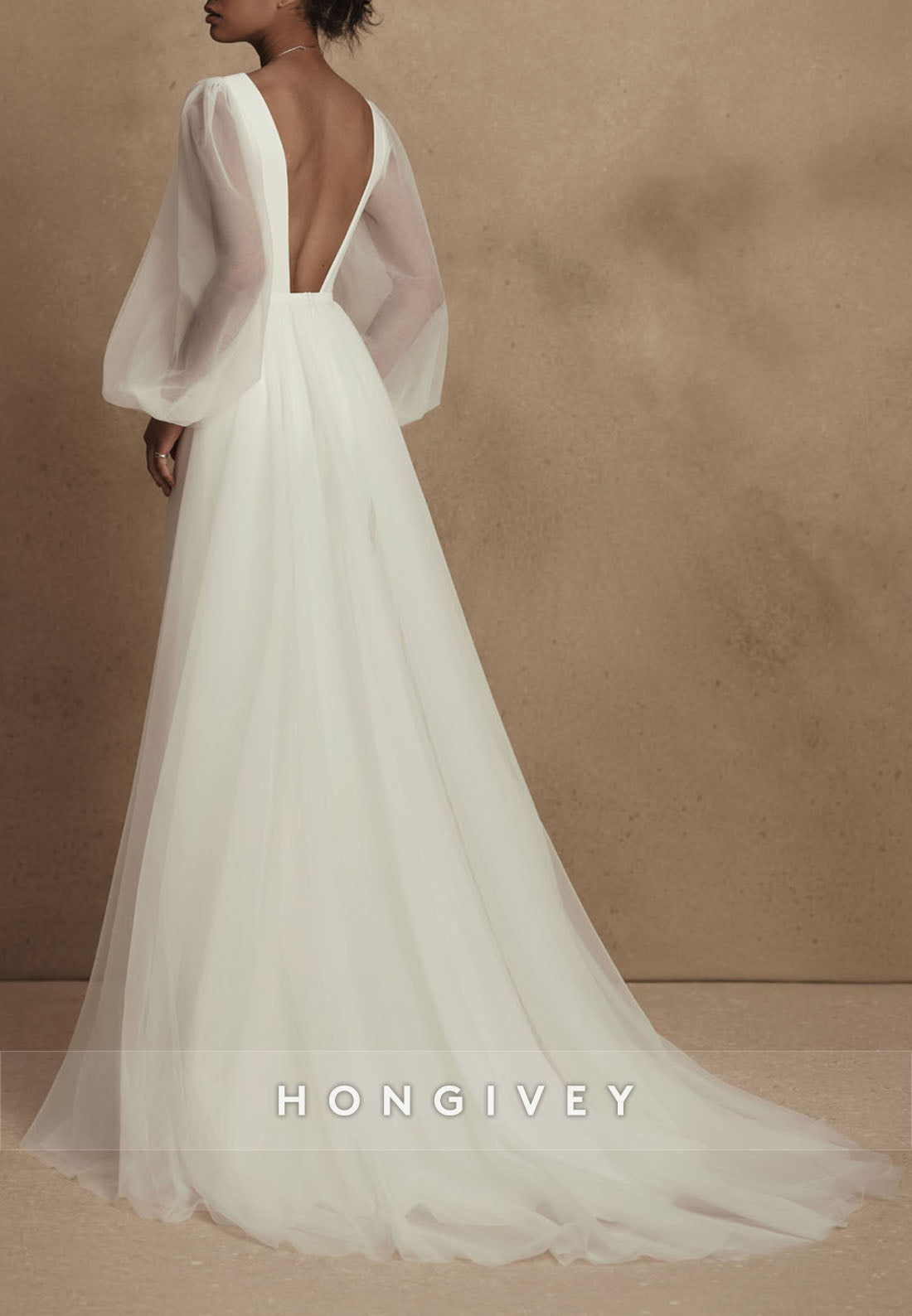V Neck Zipper Pleated Long Sleeve V Back Trumpet Boho Wedding Dresses