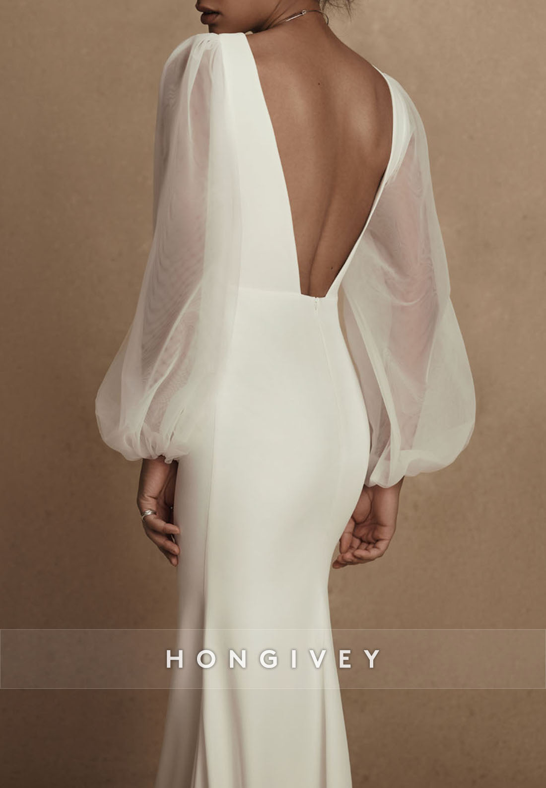 V Neck Zipper Pleated Long Sleeve V Back Trumpet Boho Wedding Dresses