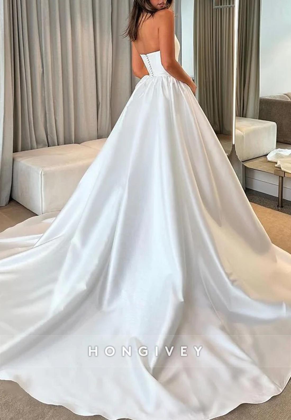 Sleeveless Ball Gown Satin Pleated Chapel Train Low Back Wedding Dresses