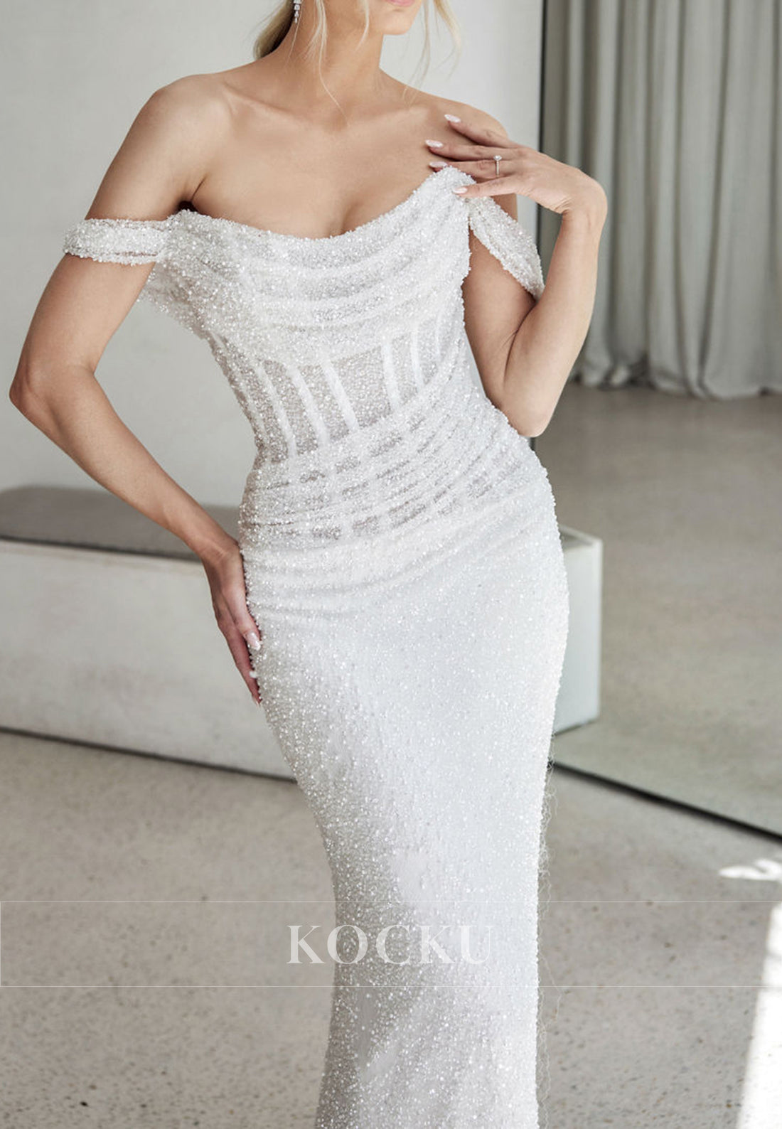 Glamorous Off - Shoulder Sparkle Mermaid Wedding Dress with Train