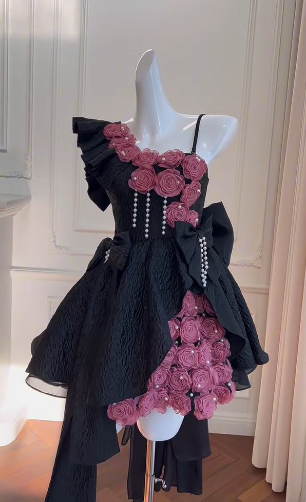 Uniques Rose Flowers Black Off The Shoulder Homecoming Dress A Line Birthday Dress S485