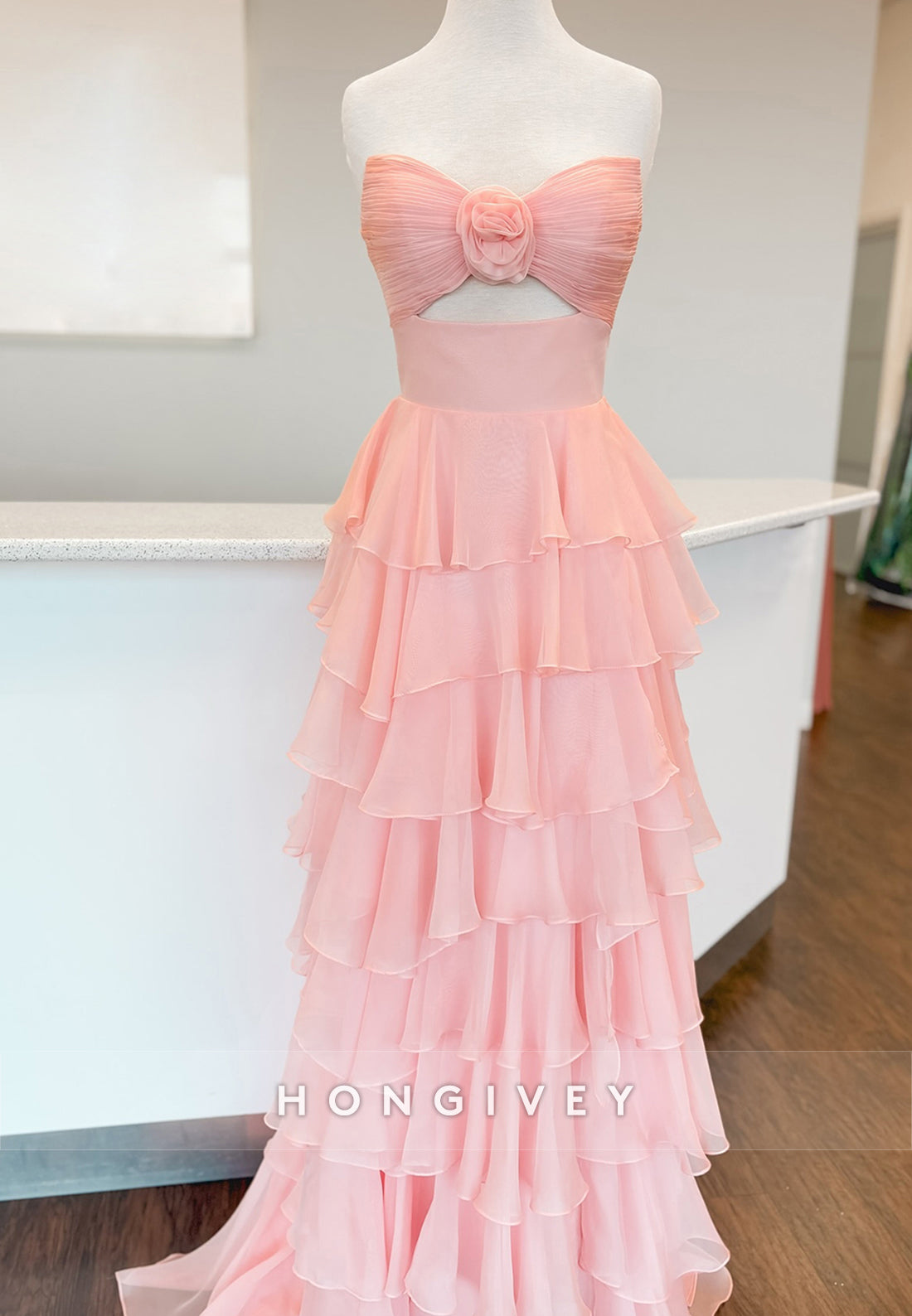 A-Line High Low Floral Embossed Sweetheart Holiday Prom Dresses
