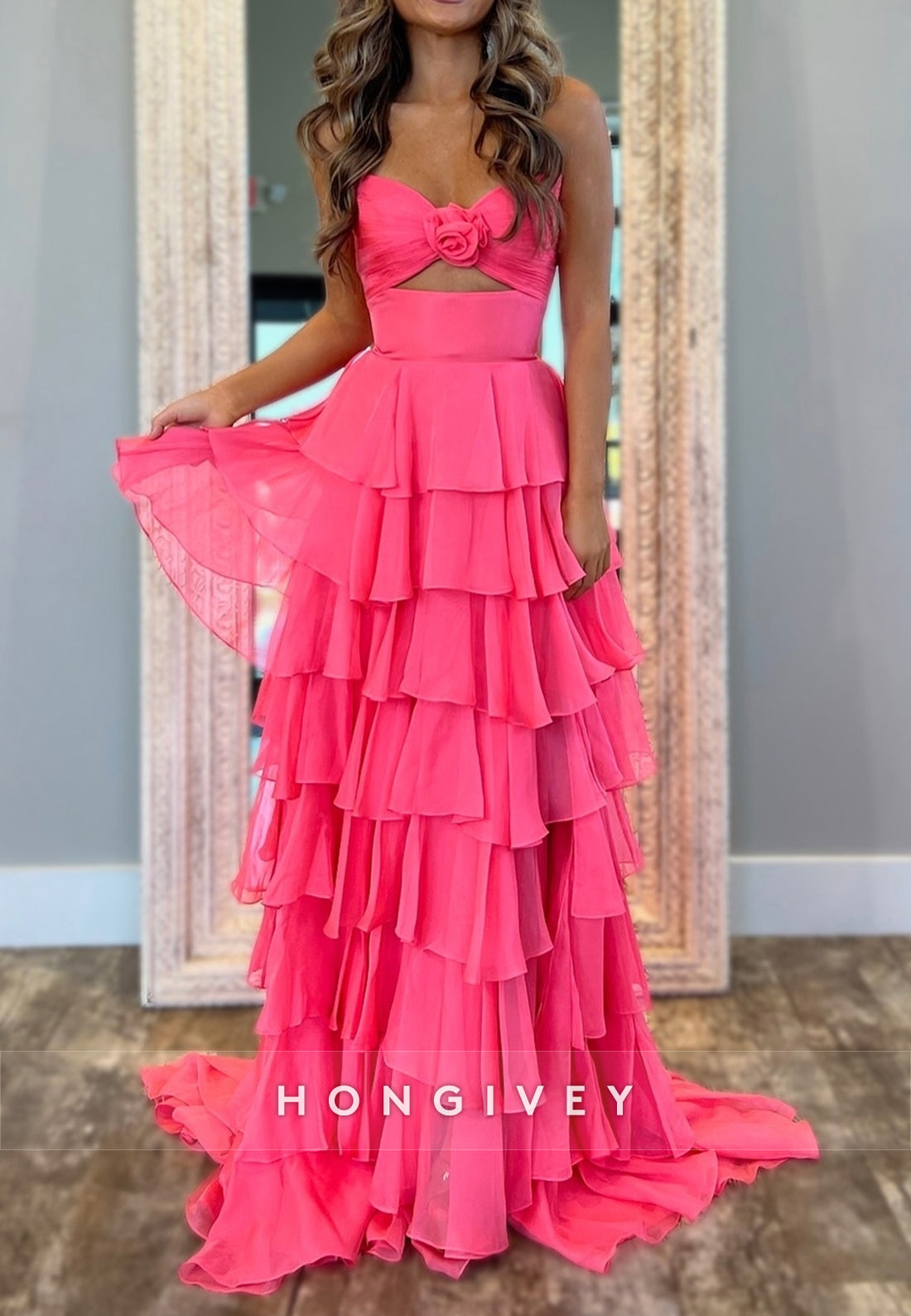 A-Line High Low Floral Embossed Sweetheart Holiday Prom Dresses
