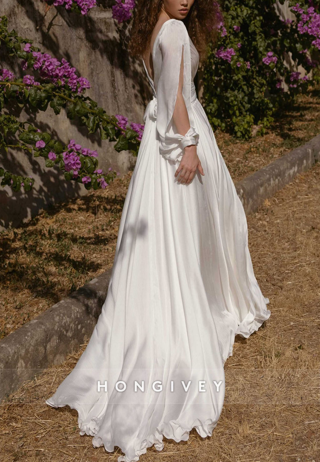 V Neck Long Sleeve Pleated Ruffles A-line V Back Wedding Dresses