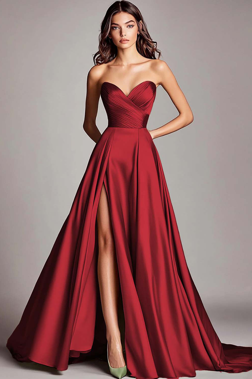 Dusty Sage Strapless A Line Ruched Satin Long Prom Dress with Slit
