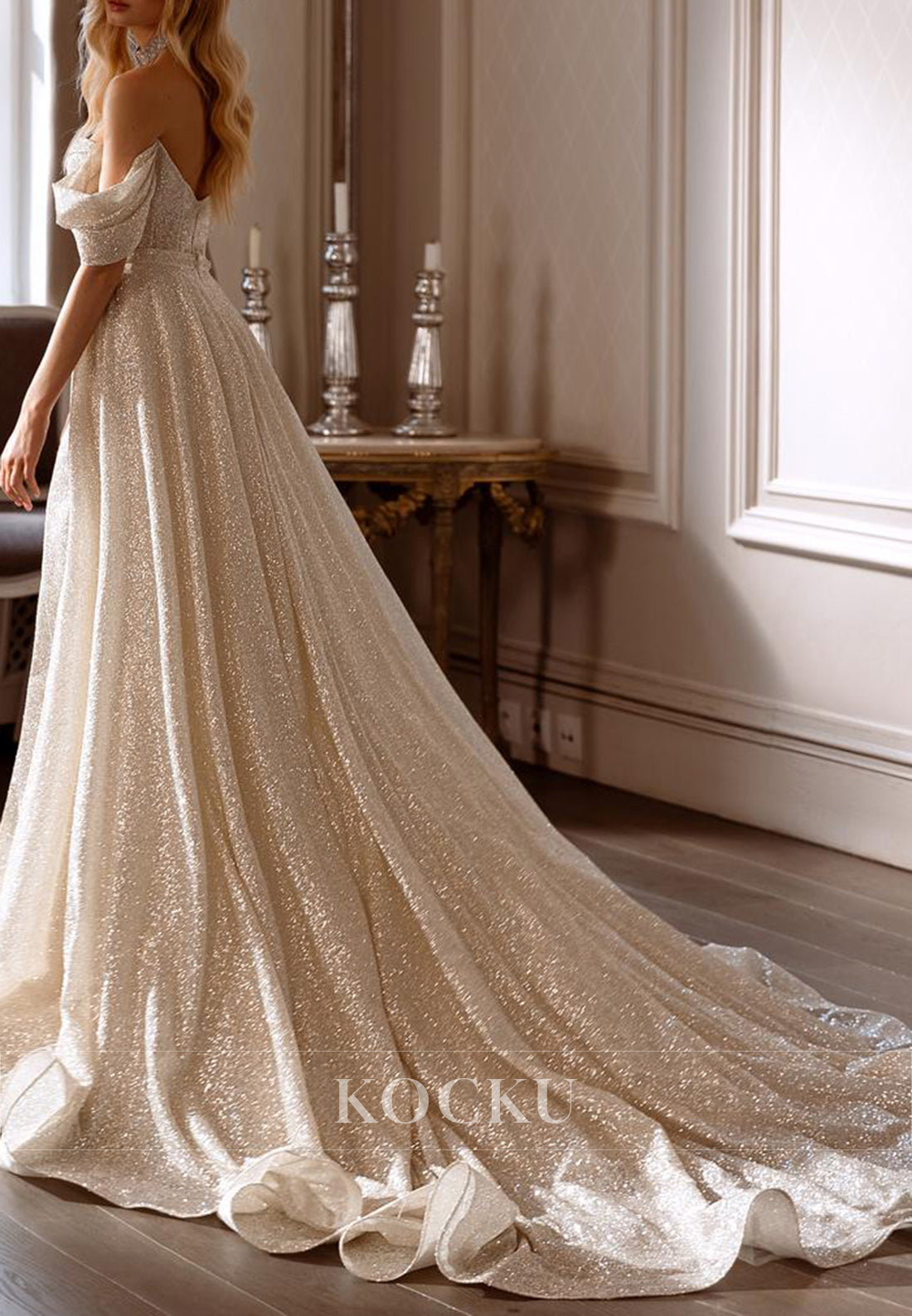 Sparkling Off - Shoulder Puff Sleeve Sequin Wedding Dress with High Slit & Train