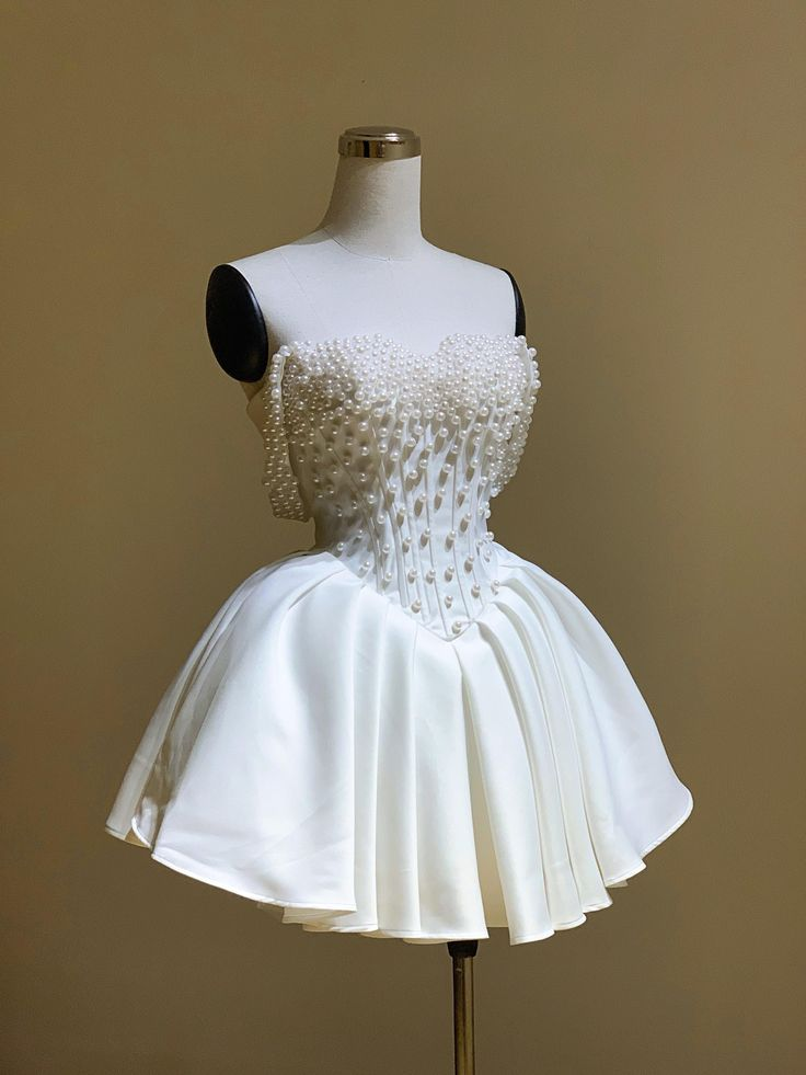 Classy Off The Shoulder Pearl Beaded Short Prom Dress White Formal Graduation Homecoming Dress D027