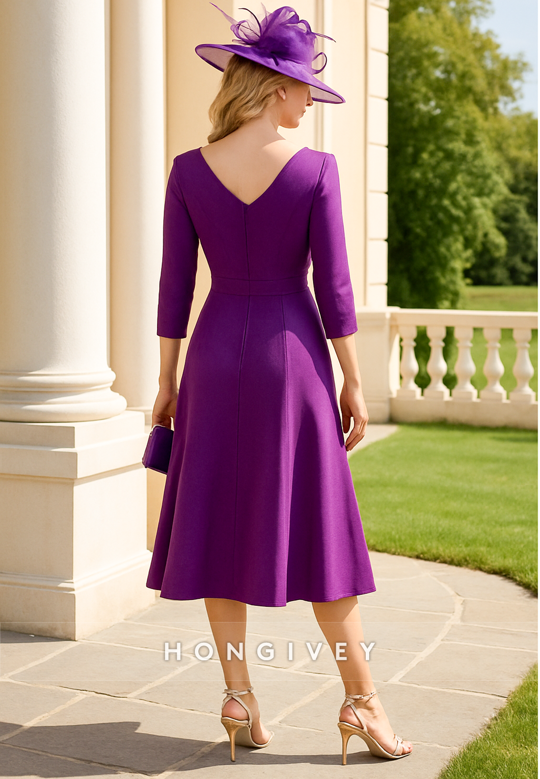 Appliqued V-Neck 3/4 Sleeve Cocktail Dresses A-Line Pleated Tea-Length Mother of Bride Dresses