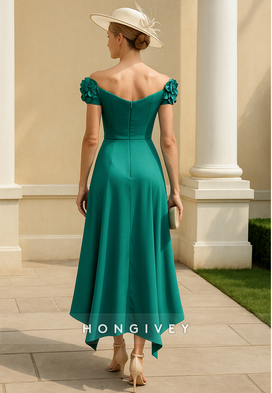 A-Line Asymmetrical Off the Shoulder Ruffles Shoulder Flowers Mother of the Bride Dresses