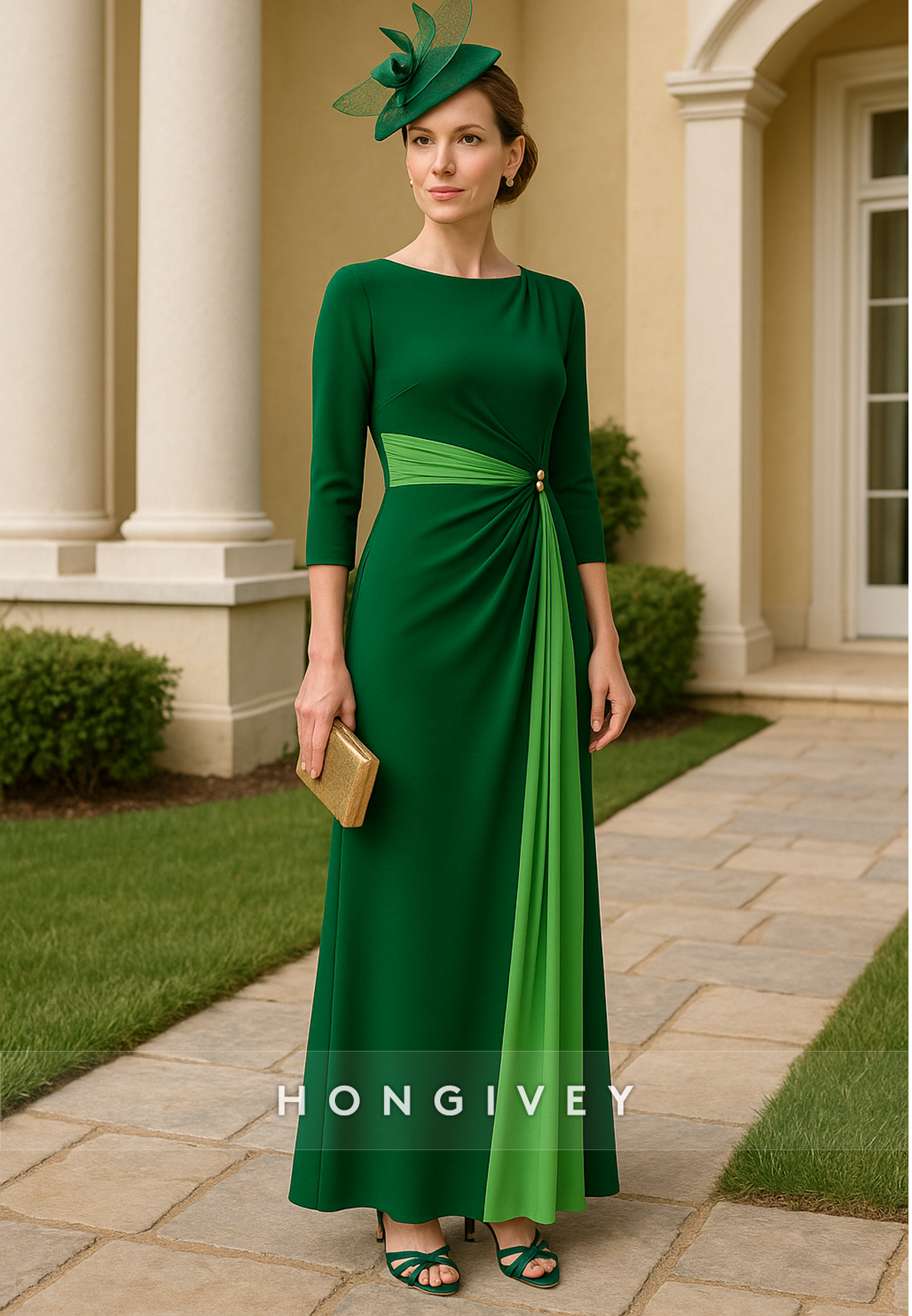 3/4 Sleeve Ruched Ankle-Length Pleated Column Mother of the Bride Dresses