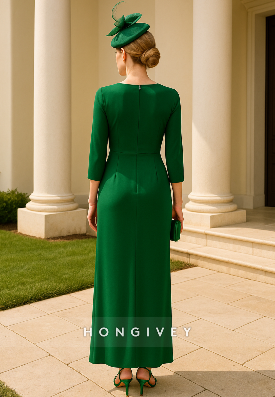 3/4 Sleeve Ruched Ankle-Length Pleated Column Mother of the Bride Dresses
