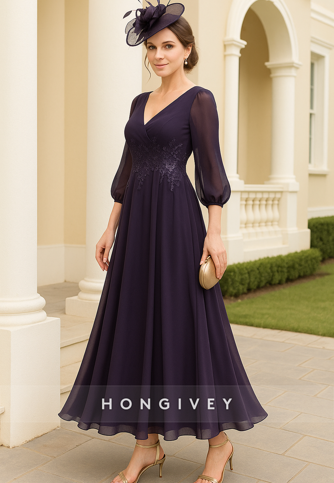 3/4 Sleeve V-Neck A-Line Ankle-Length Chiffon Pleated Mother of Bride Dresses