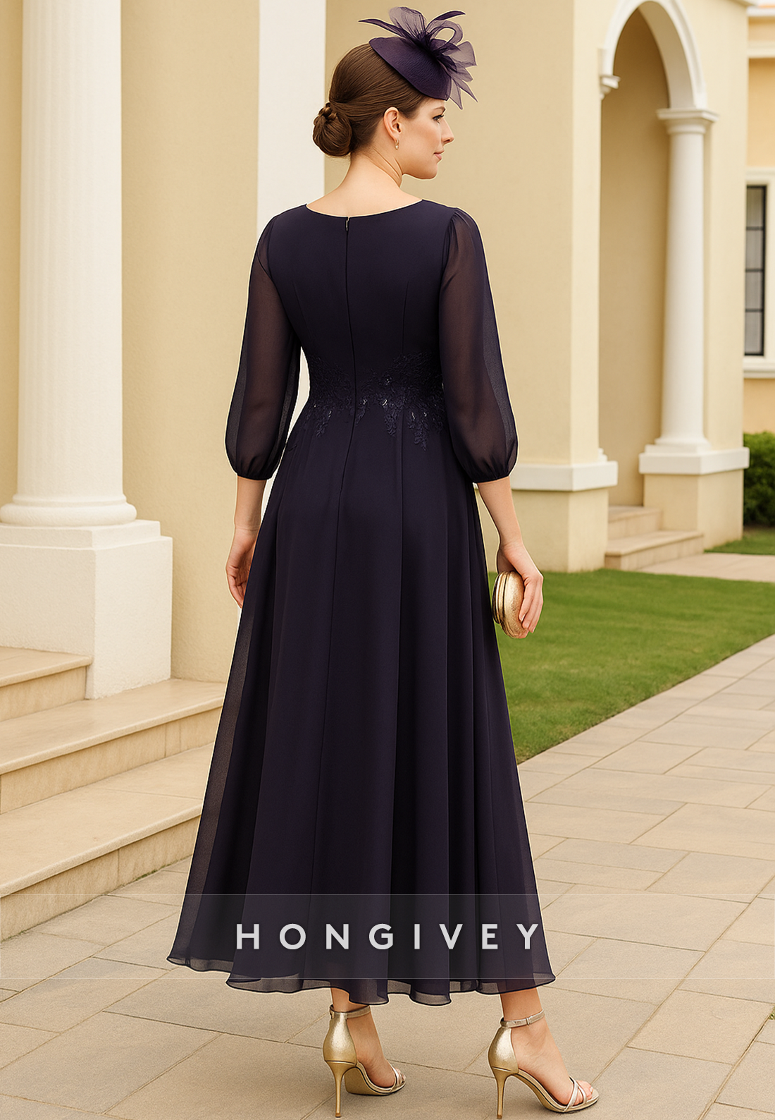 3/4 Sleeve V-Neck A-Line Ankle-Length Chiffon Pleated Mother of Bride Dresses
