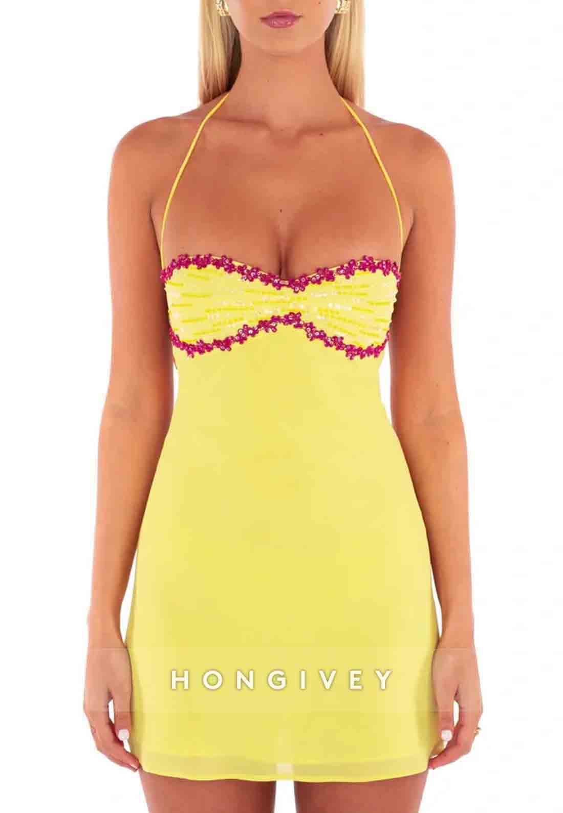 Chic A Line Spaghetti Straps Yellow Short Homecoming Dress with Sequins