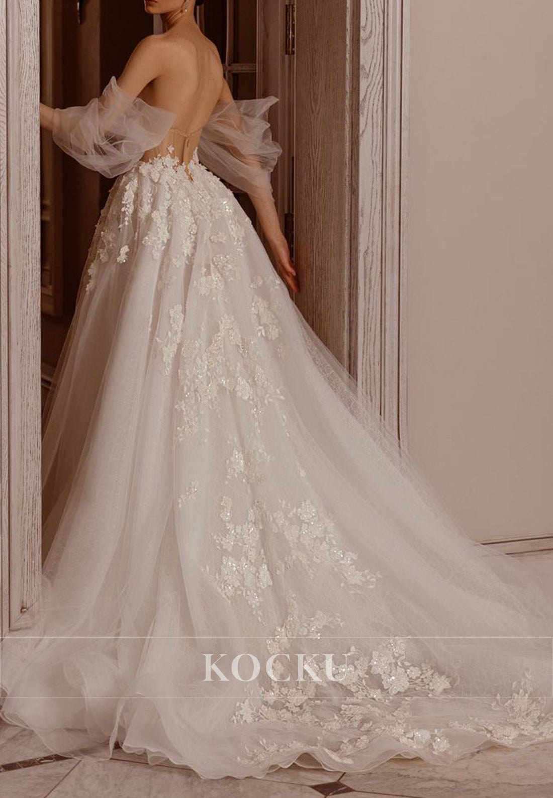 Dreamy Sweetheart Tulle Puff Sleeve Wedding Dress with 3D Floral Embellishments & Open Back