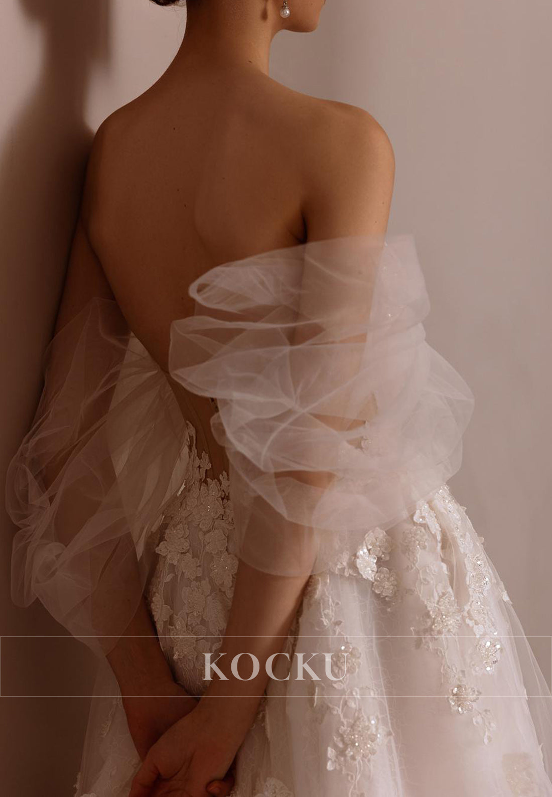 Dreamy Sweetheart Tulle Puff Sleeve Wedding Dress with 3D Floral Embellishments & Open Back