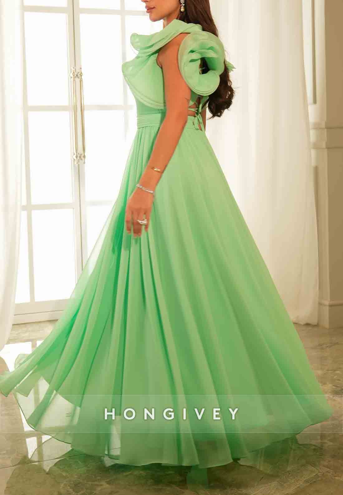 Crisscross Back Floor-Length A-Line Pleated Shoulder Flower Wedding Guest Dress