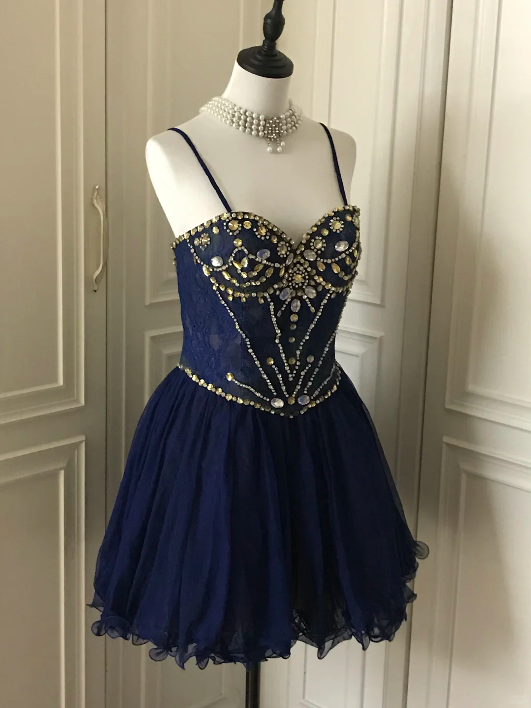 Vintage Navy Blue Lace Beaded A Line Homecoming Dress Birthday Dress S545