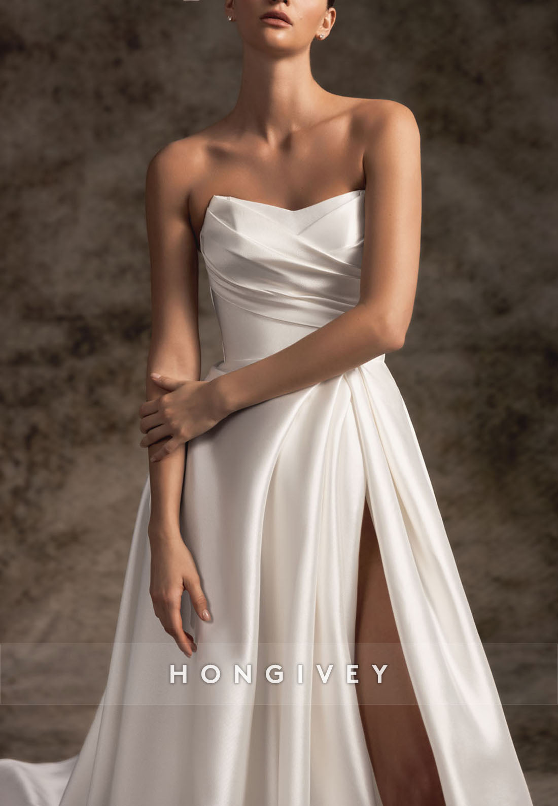 High Slit Simple Sweetheart Empire Pleated Low Back Wedding Dresses