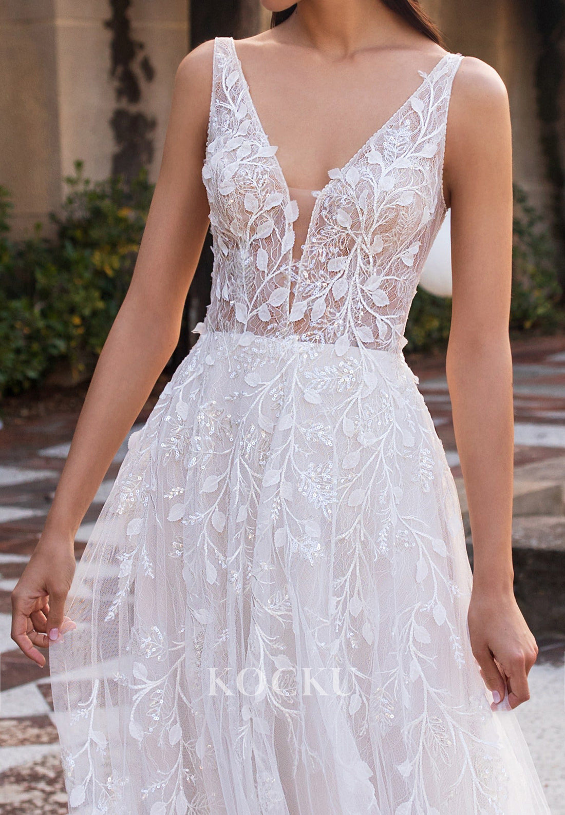Deep V - Neck Lace Embroidered Tulle Wedding Dress with Open Back