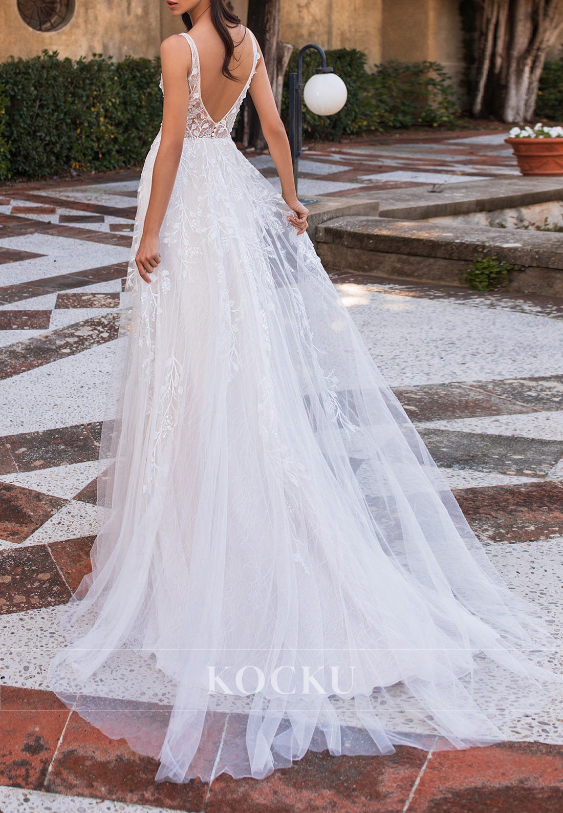 Deep V - Neck Lace Embroidered Tulle Wedding Dress with Open Back