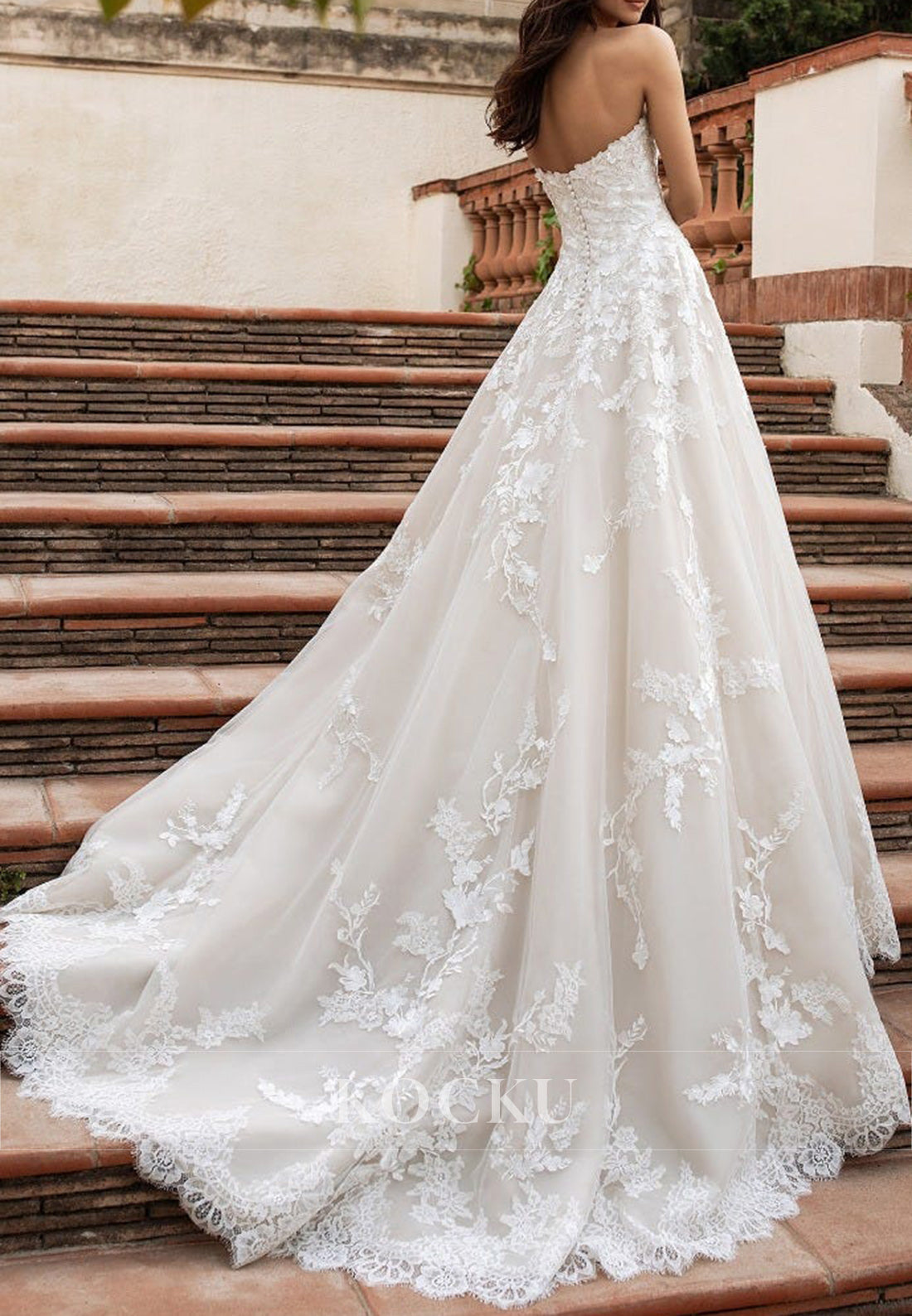 Strapless Lace - Trimmed Wedding Dress with Floral Appliqués & Ball Gown Train