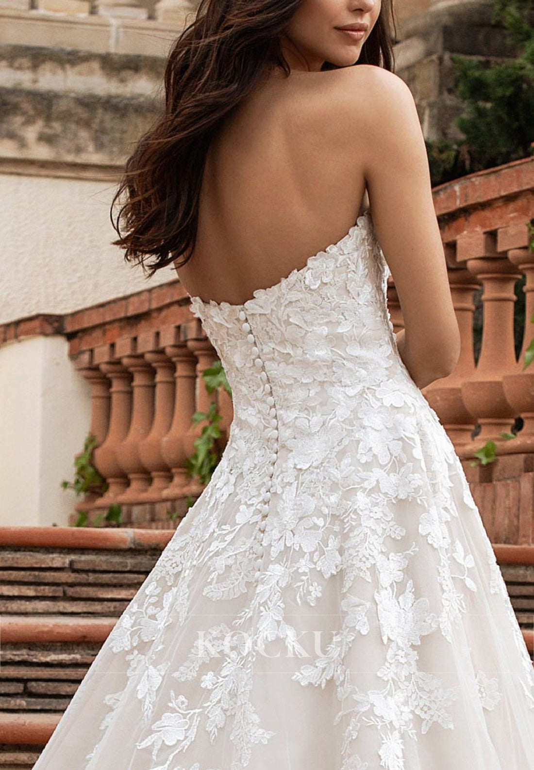 Strapless Lace - Trimmed Wedding Dress with Floral Appliqués & Ball Gown Train