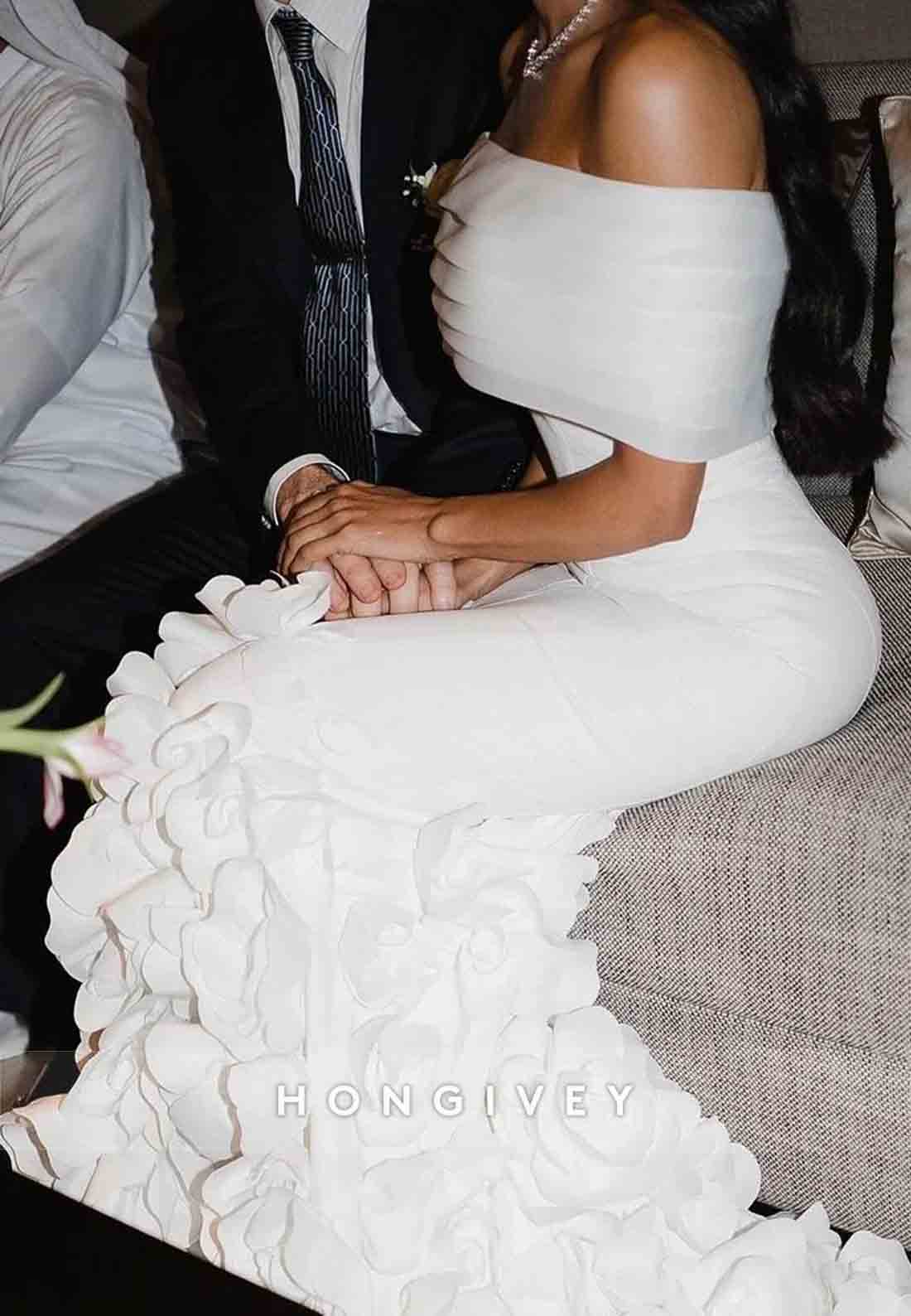 Flowers Off the Shoulder Shawl Mermaid Sweep Train Wedding Dresses