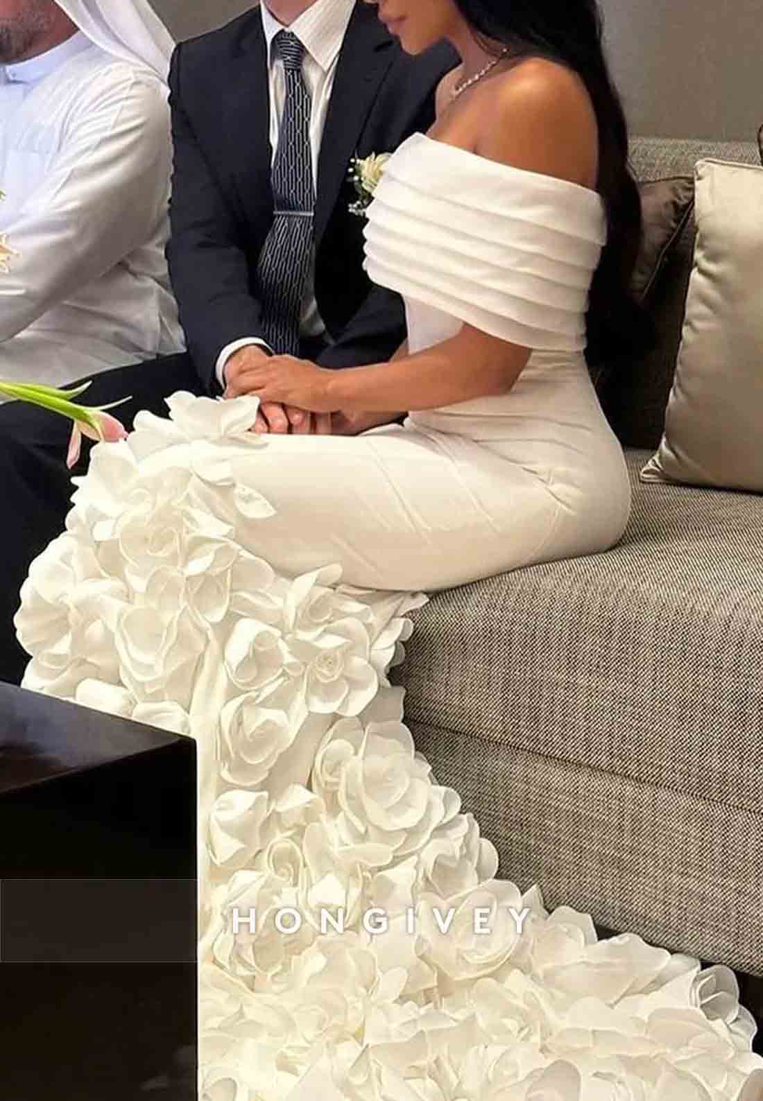 Flowers Off the Shoulder Shawl Mermaid Sweep Train Wedding Dresses