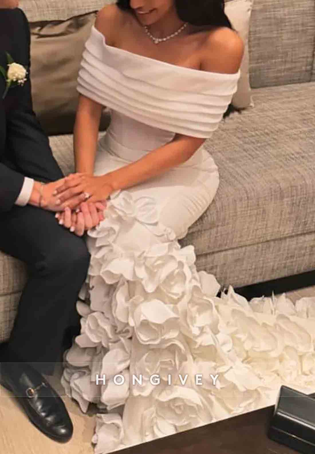Flowers Off the Shoulder Shawl Mermaid Sweep Train Wedding Dresses