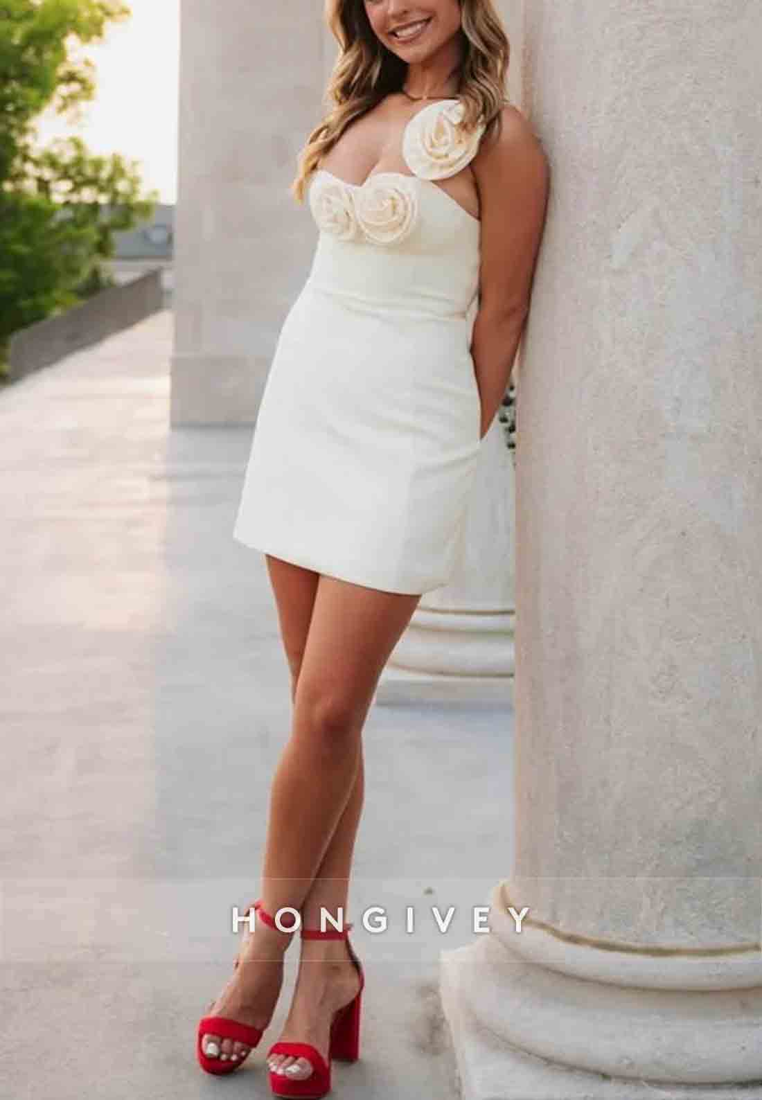 Fashionable Sheath One Shoulder Light Yellow Short Homecoming Dress with 3D Flowers