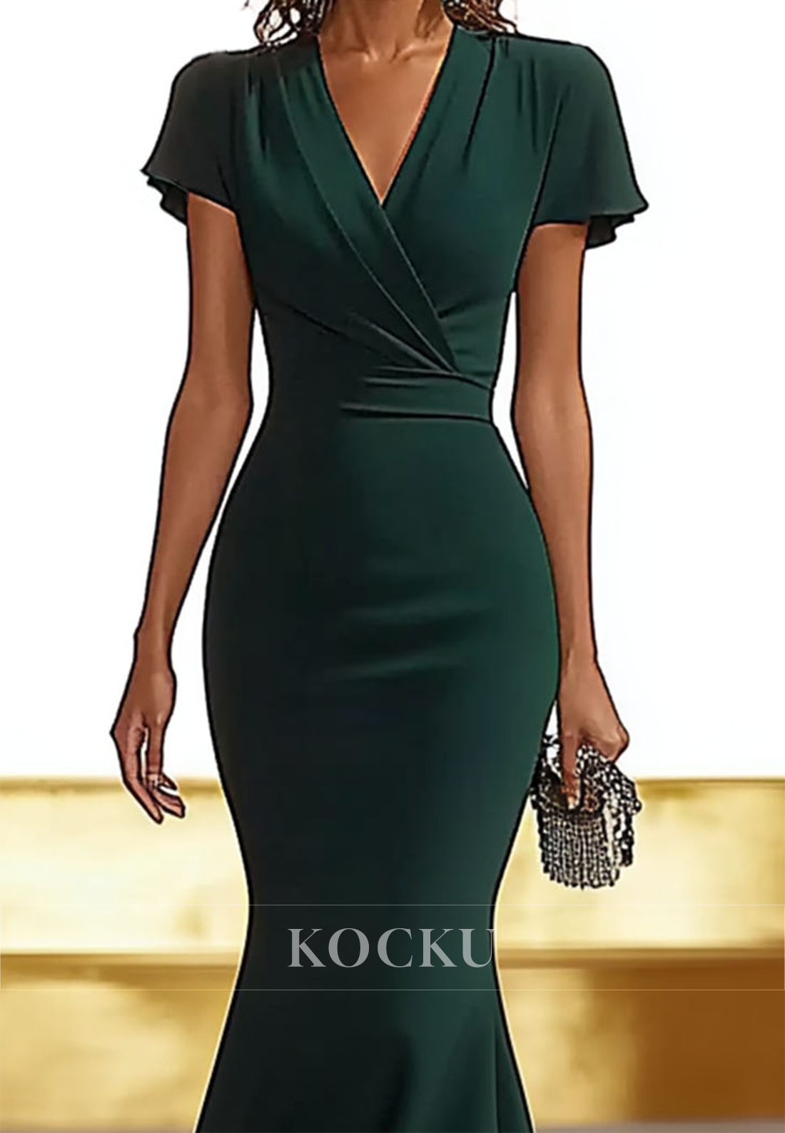 Graceful Low V-Neck Wedding Guest Dress Short Sleeves Mermaid Satin Formal Dress