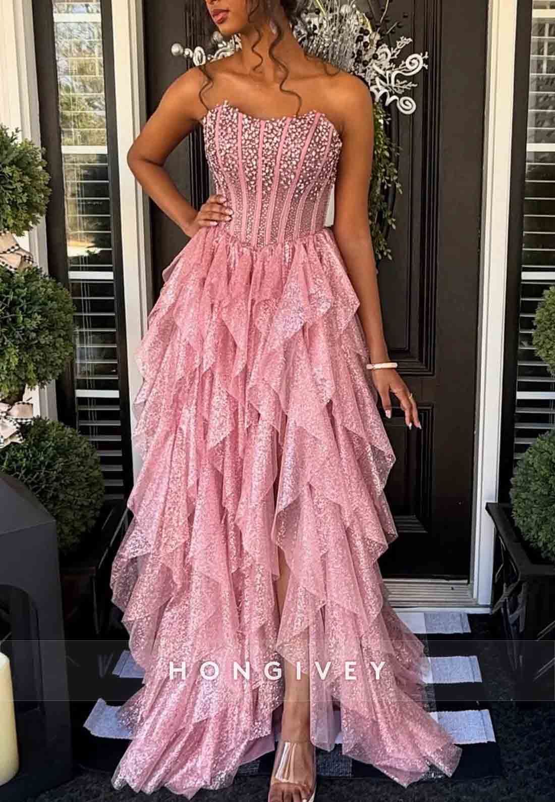 Gorgeous Strapless A-Line Pink Corset Long Prom Dress with Beading