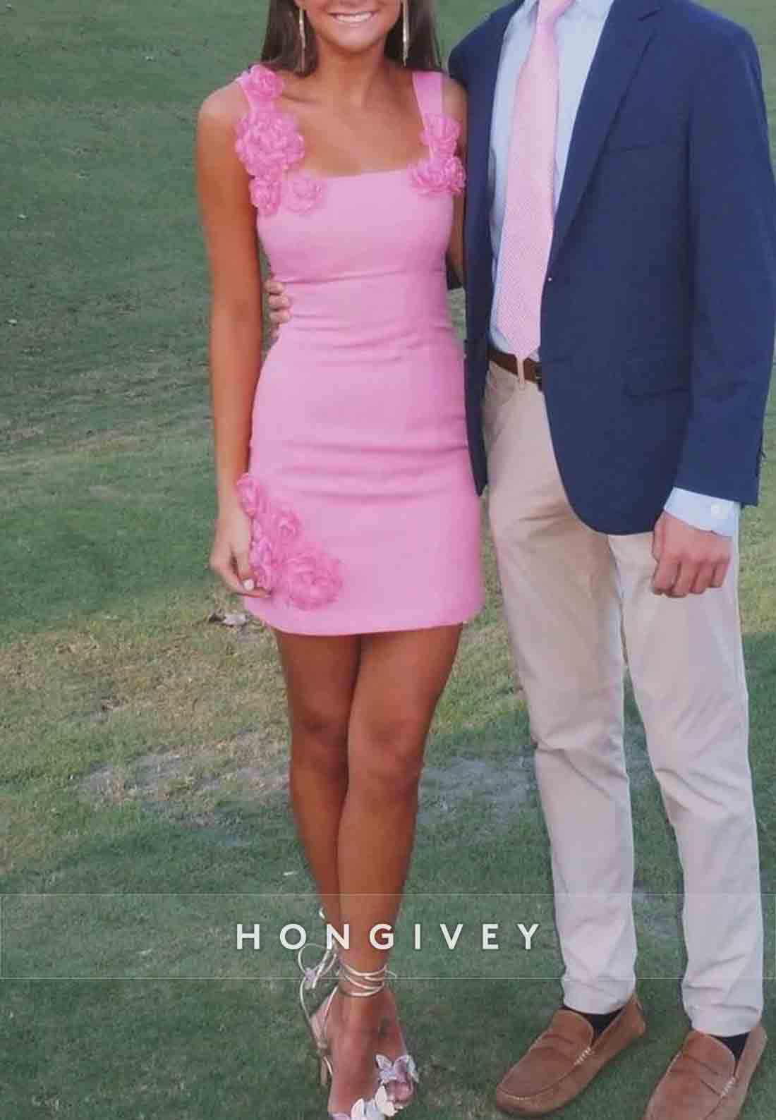 Gorgeous Sheath Square Neck Pink Short Homecoming Dress with 3D Flowers