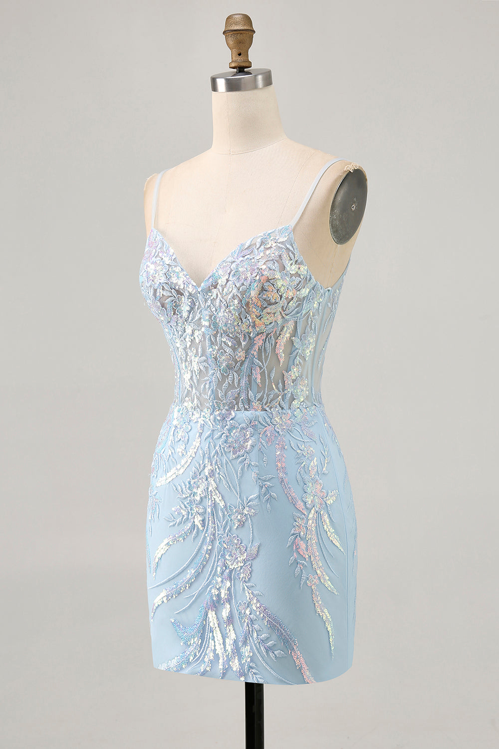 Blue Appliqued Homecoming Dress with Sequins