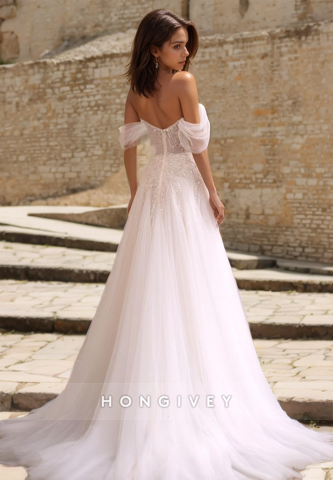 Chic Tulle A-Line Off-Shoulder Plunging V-Neck Beaded With Train Wedding Dress