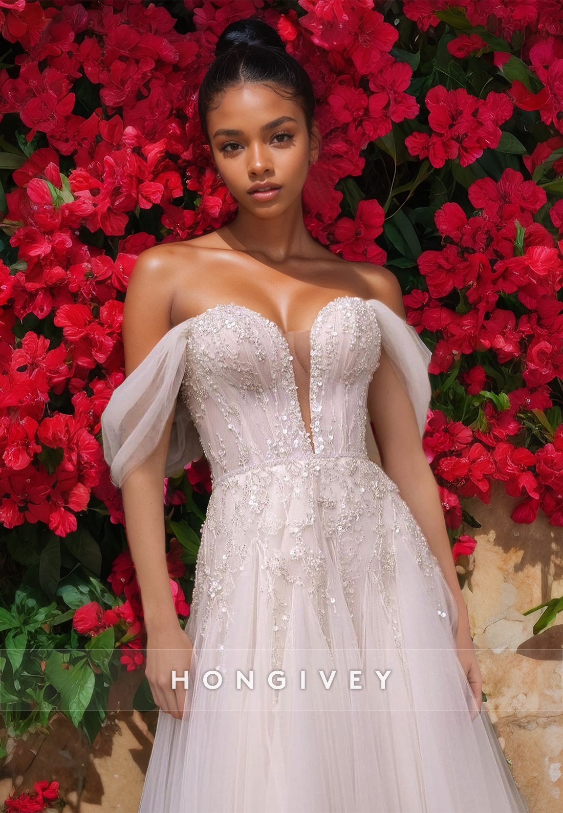 Chic Tulle A-Line Off-Shoulder Plunging V-Neck Beaded With Train Wedding Dress