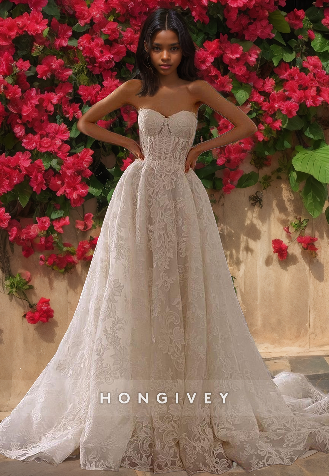 Elegant A-Line Sweetheart Strapless Empire Floral Appliqued Wedding Dress