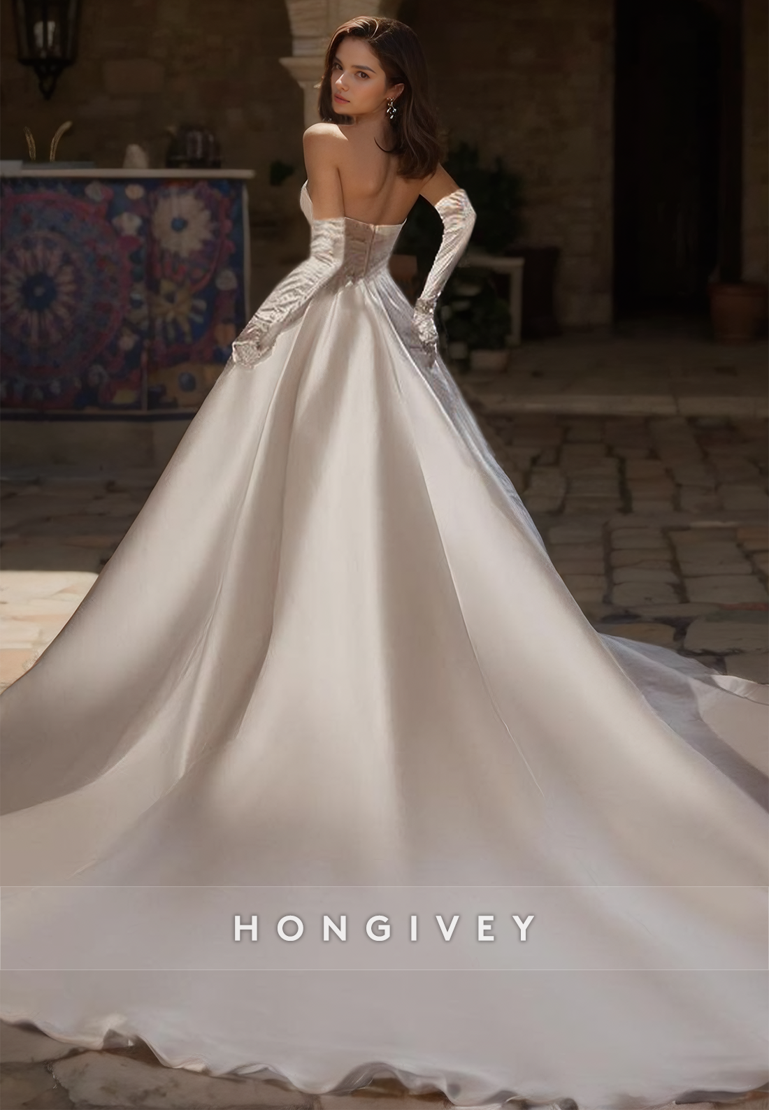 Elegant Satin A-Link Bateau Strapless Ruched Gloves With Train Wedding Dress