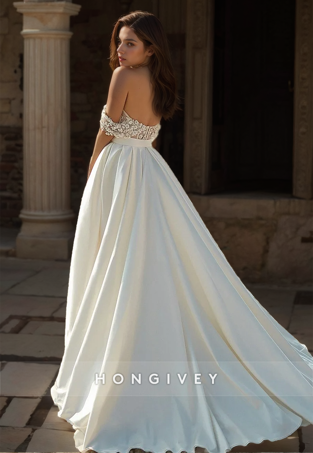 Floral Embossed Illusion Bow Detail With Train And Slit Long Wedding Dress