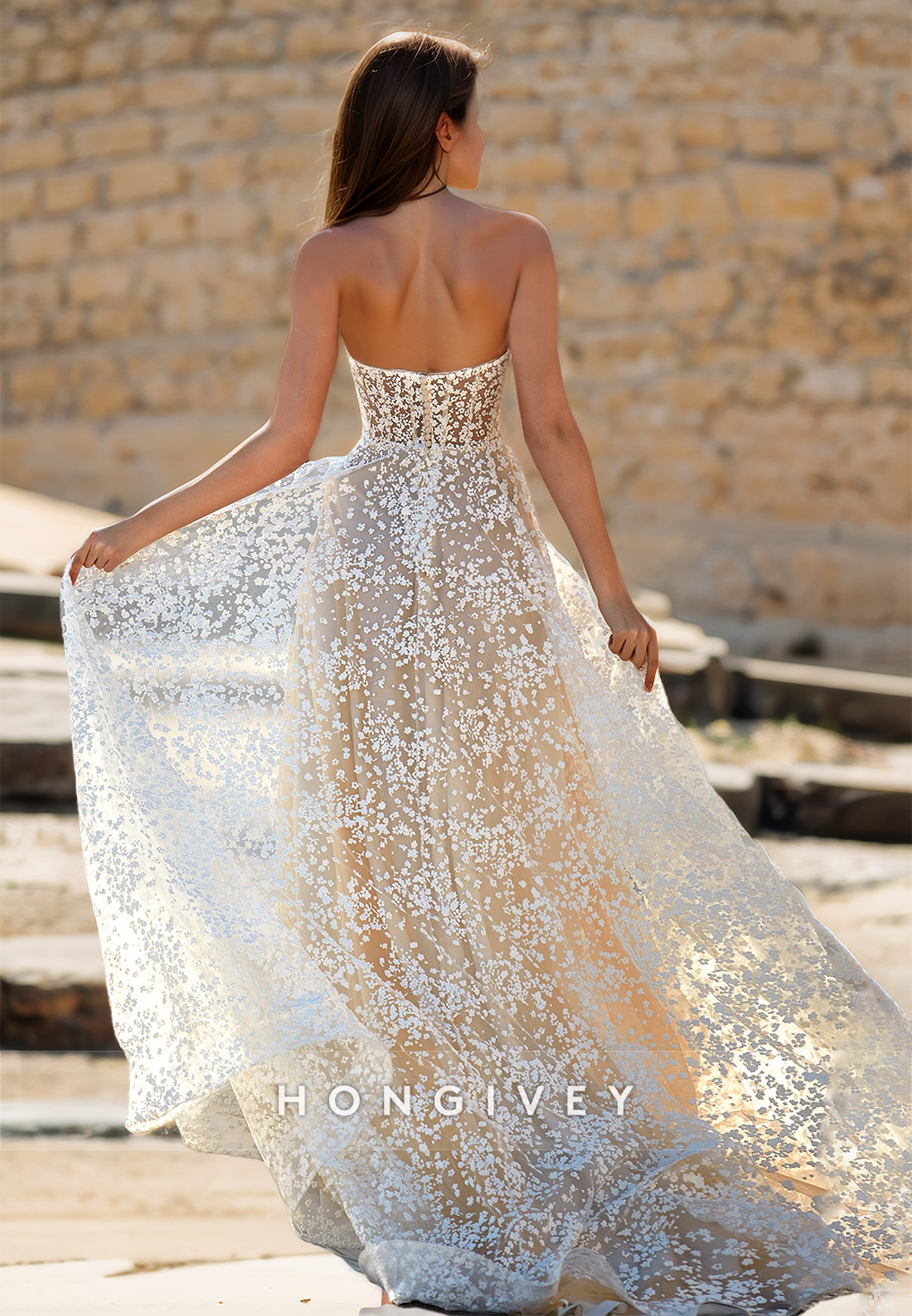 Fully Lace Applique Strapless Tiered Plunging Illusion With Train Long Wedding Dress