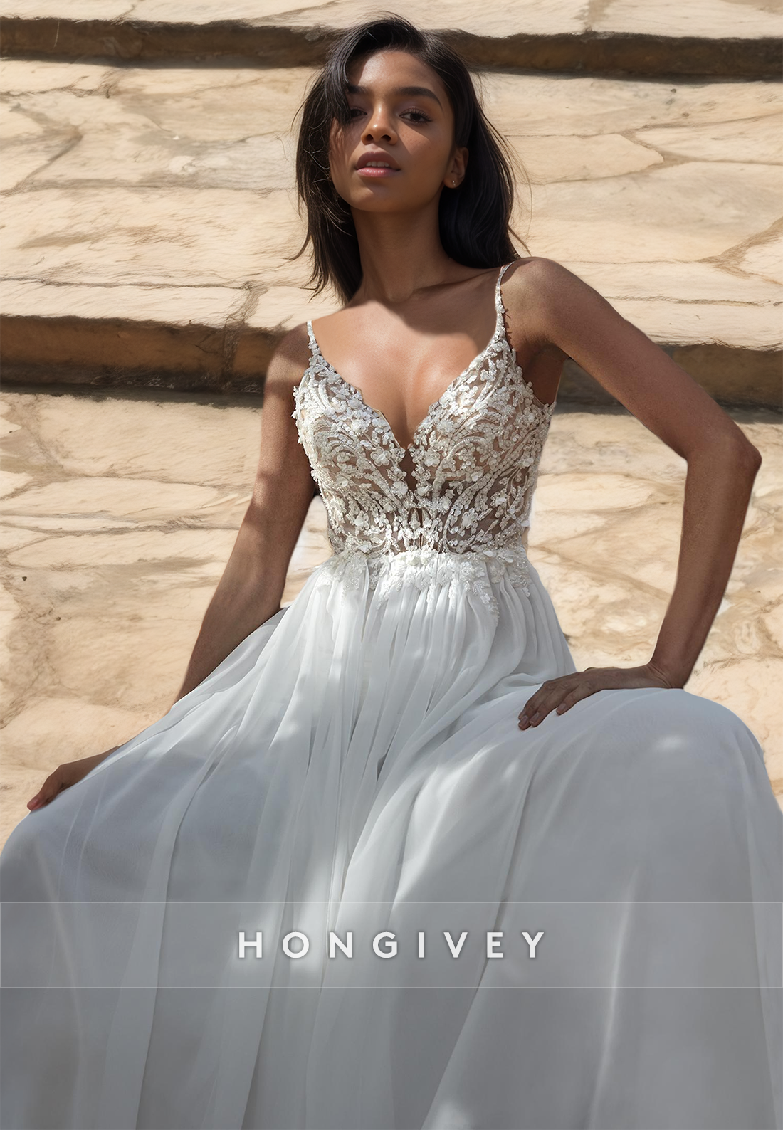 Floral Lace Embossed Open Back Plunging Illusion With Train And Overlay Long Wedding Dress