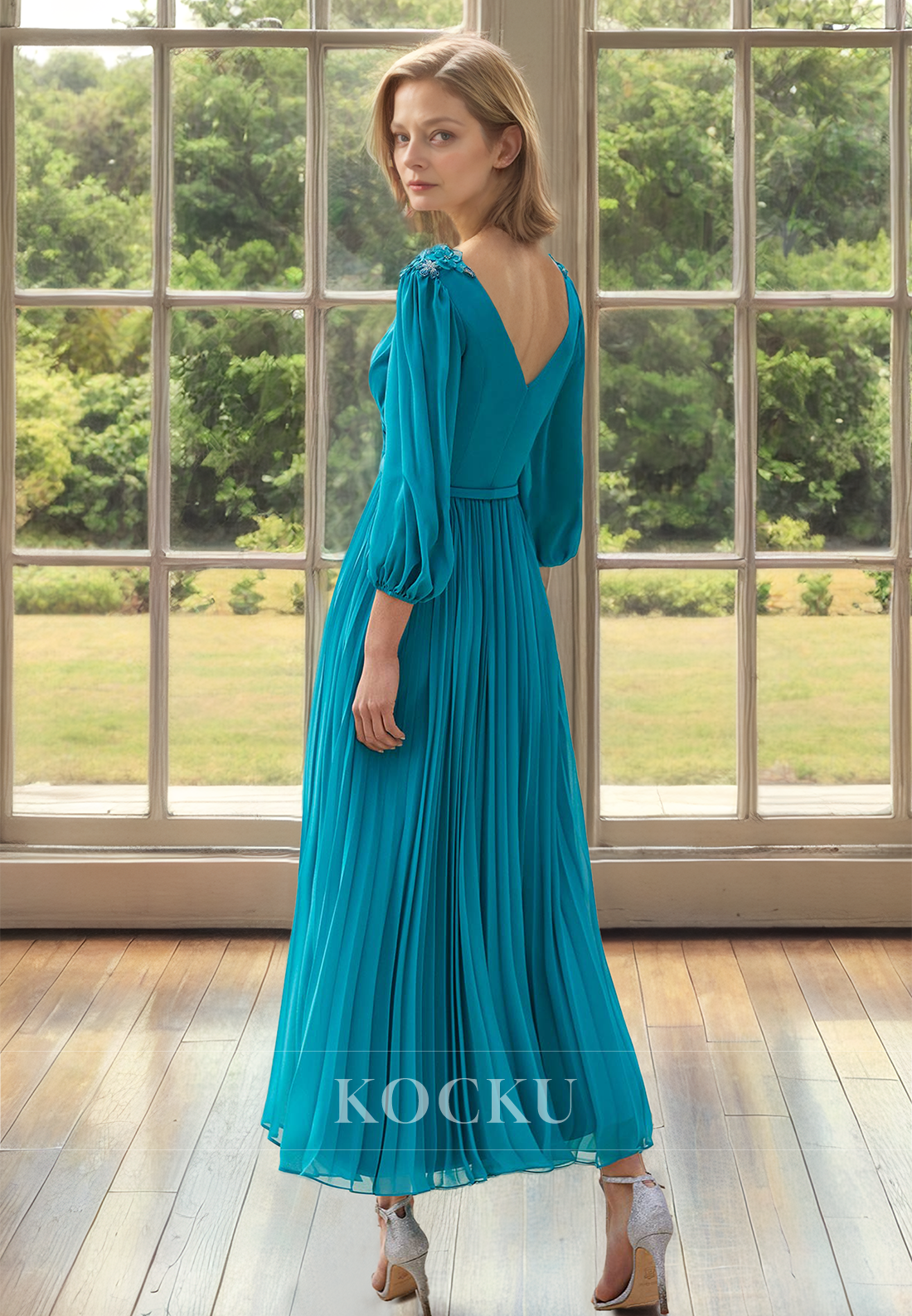 A-Line V-Neck Long Sleeves Ankle-Length Pleated Chiffon Mother of Groom with Appliques Cocktail Gowns