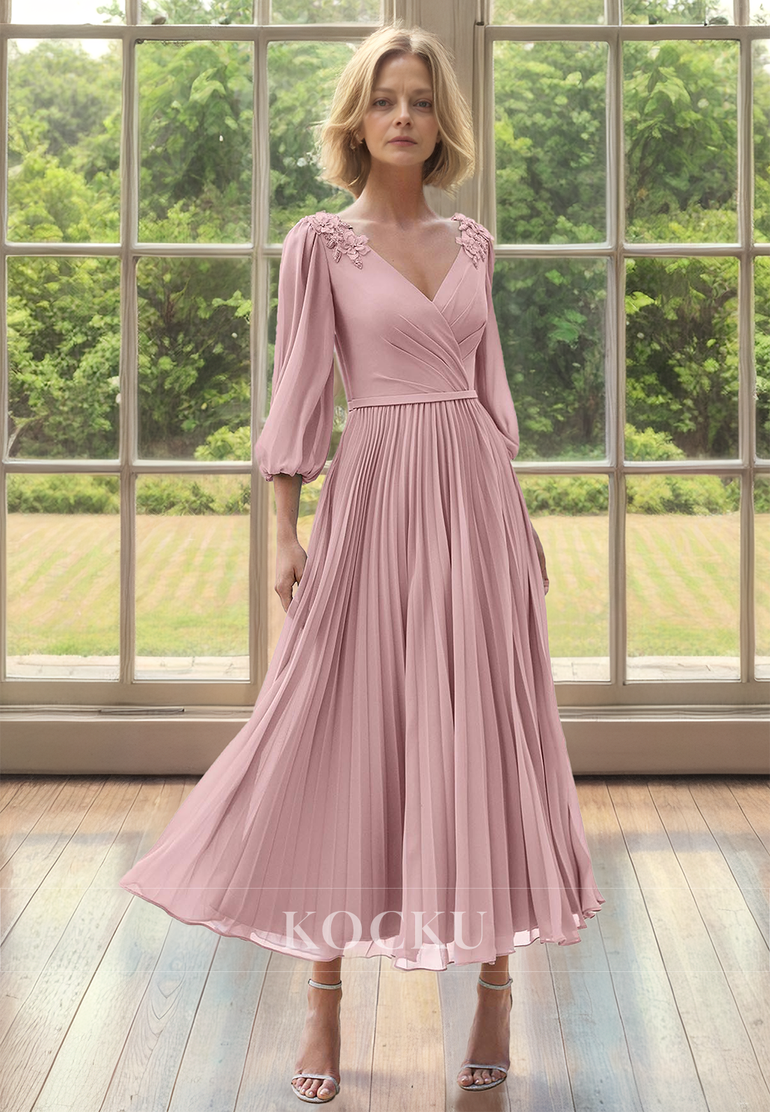 A-Line V-Neck Long Sleeves Ankle-Length Pleated Chiffon Mother of Groom with Appliques Cocktail Gowns