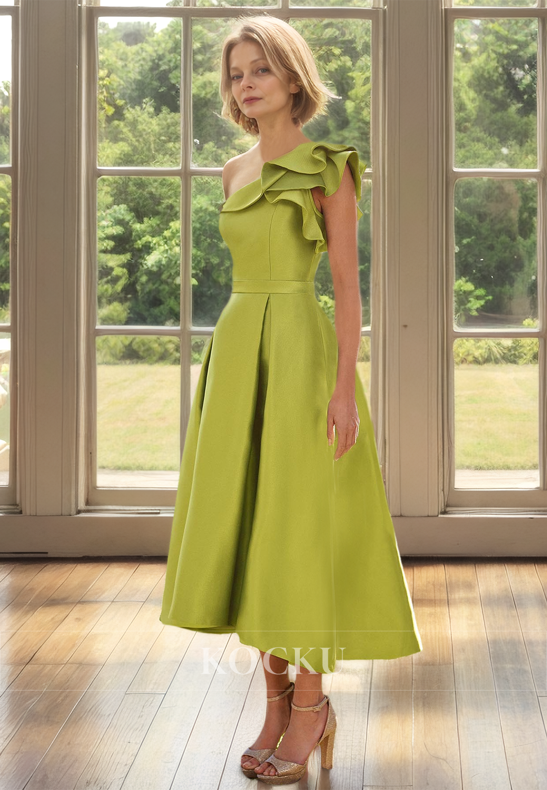 A-Line One Shoulder Sleeveless Pleated Satin Mother of Bride Dress Cocktail Dress with Pocket
