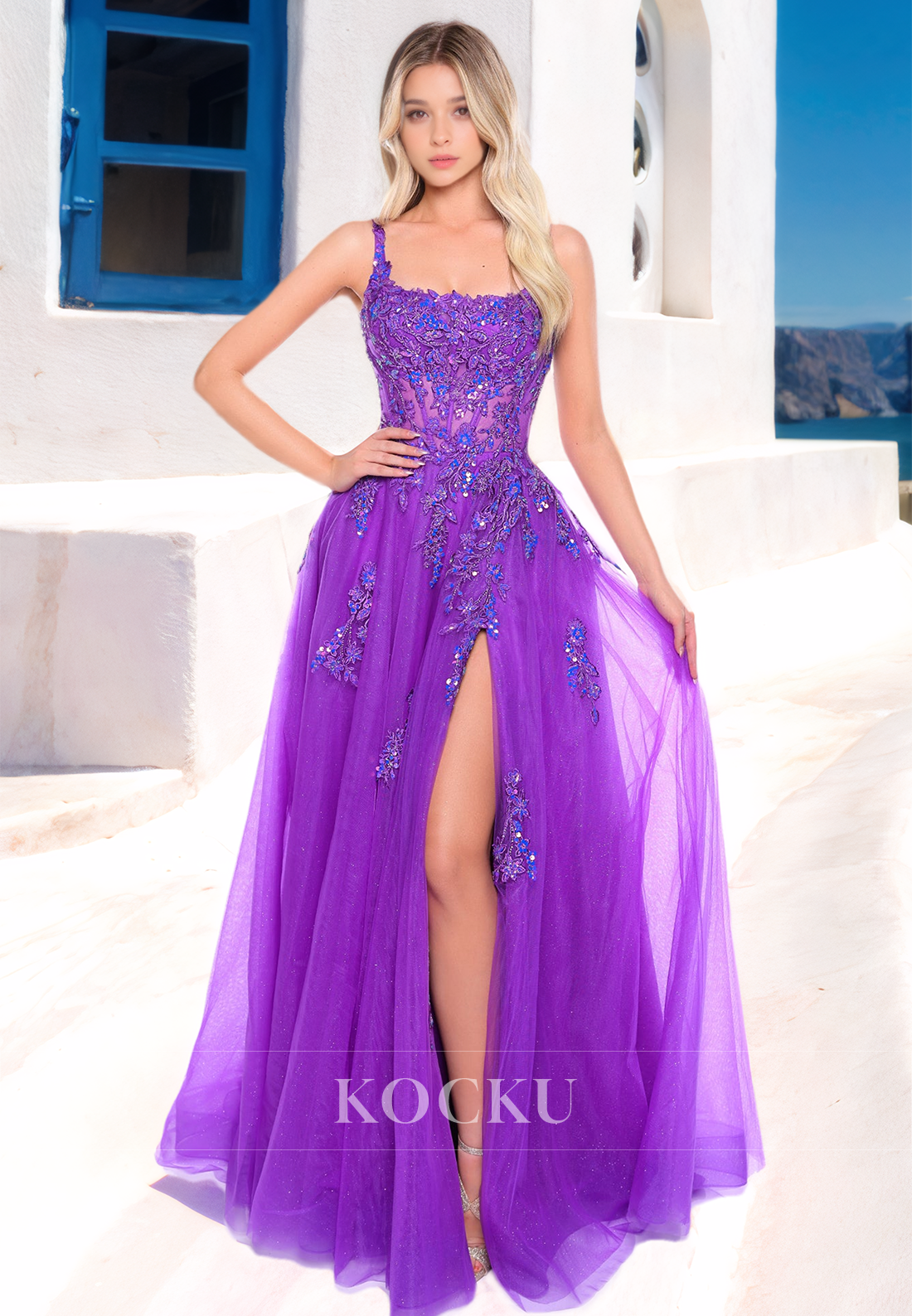 Charming Square A-Line High Slit Pleats Lace Prom Formal Evening Dress with Appliques