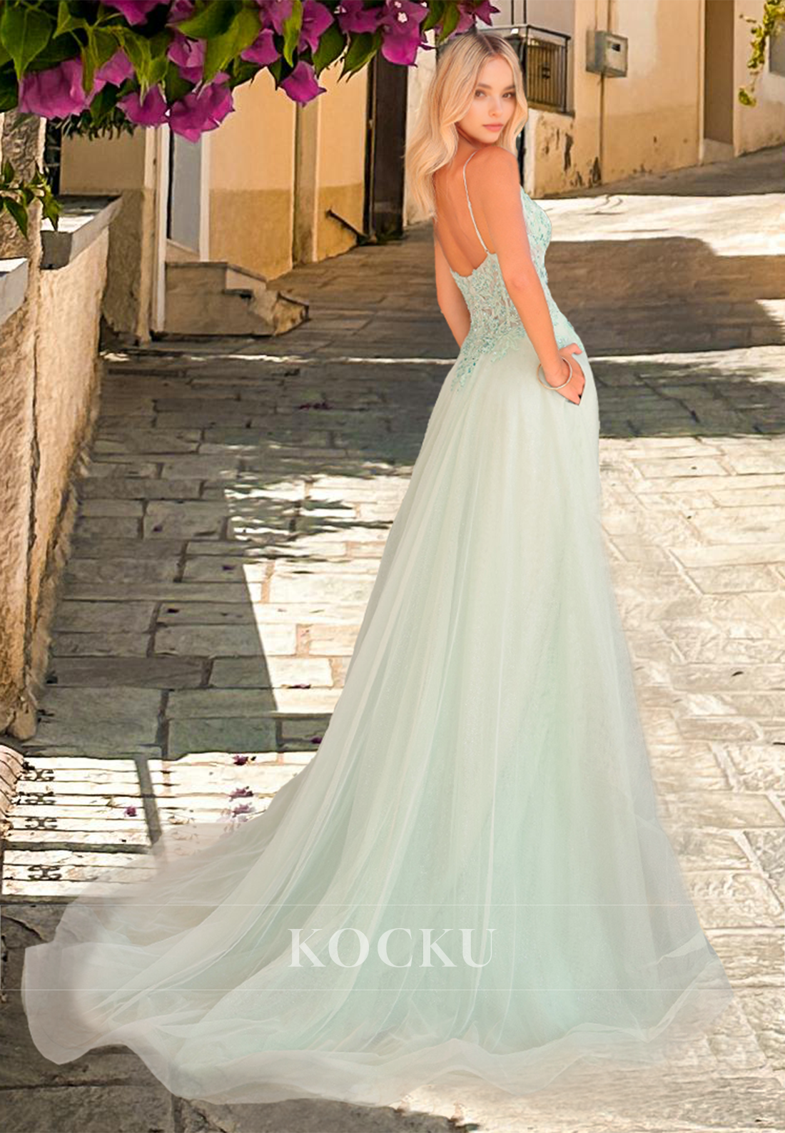 Spaghetti Straps A-Line V-Neck Sweep Train Appliques Pleated Lace Prom Dress with Slit Party Gown